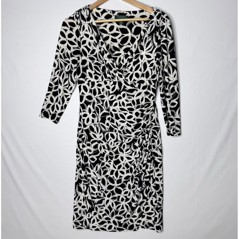 Ralph Lauren Career Dress Sz 8 Black Print Faux Wrap Rouched 3/4 Slv Stretch